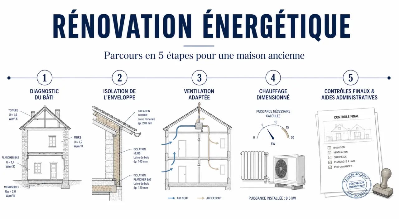 Comment réussir la rénovation énergétique de votre maison ancienne : schéma des étapes clés d’une rénovation réussie