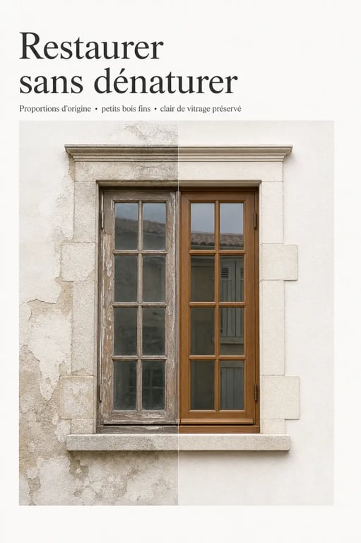 Comment rénover durablement les menuiseries anciennes de votre maison : façade ancienne avec fenêtre en bois restaurée et proportions préservées