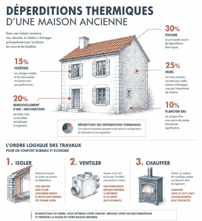 Infographie sur l'ordre des travaux pour réussir la rénovation énergétique de sa maison ancienne