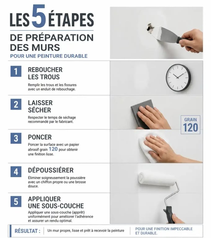 Infographie des étapes de préparation pour réussir la rénovation complète de vos murs intérieurs