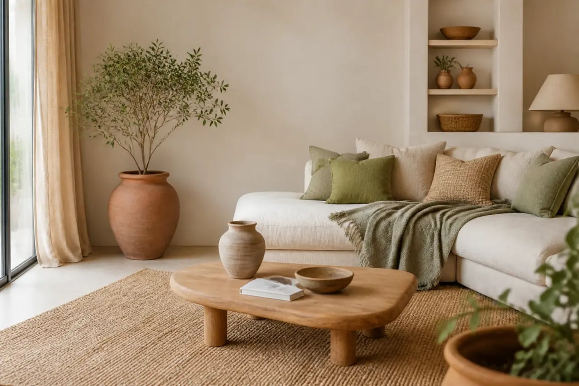 Comment intégrer des éléments naturels dans votre décoration intérieure : salon lumineux avec bois clair, lin et plantes vertes