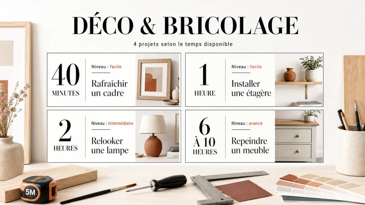 Maison, Déco & Bricolage : visuel éditorial pour choisir un projet selon le temps, le niveau et le matériel