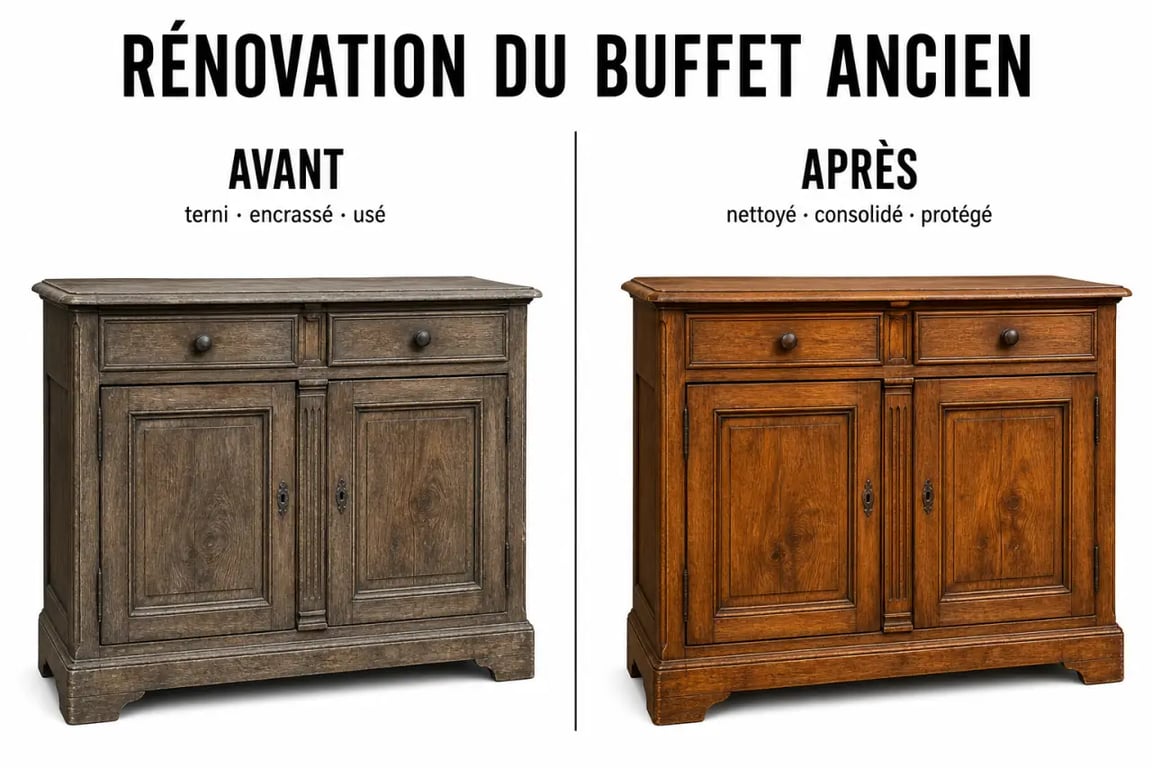 Comment rénover vos meubles anciens pour une décoration authentique : buffet ancien avant et après rénovation en conservant la patine