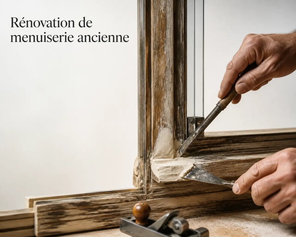 Comment rénover durablement les menuiseries anciennes de votre maison : détail d’une menuiserie en bois en cours de restauration avec joints et vitrage améliorés
