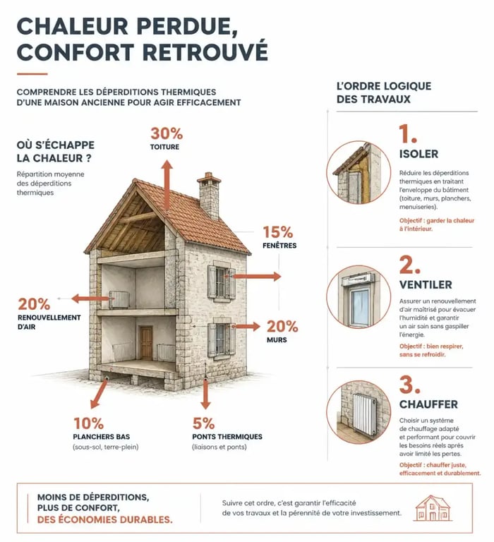 Infographie sur l'ordre des travaux pour réussir la rénovation énergétique de sa maison ancienne
