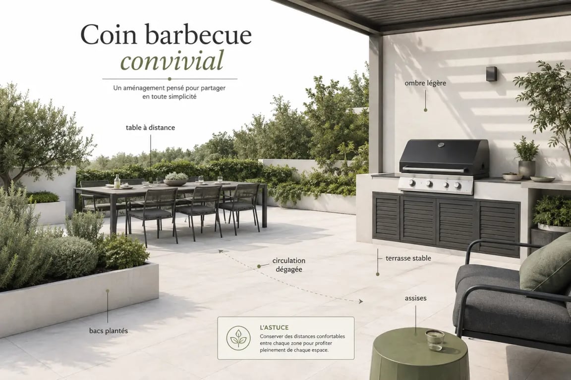Aménager un coin barbecue convivial dans son jardin avec barbecue, table et circulation dégagée