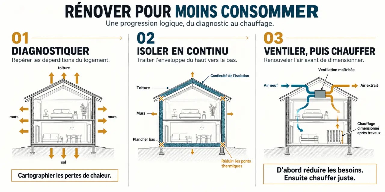 Infographie sur comment optimiser la performance énergétique de sa rénovation intérieure, de l’isolation au chauffage