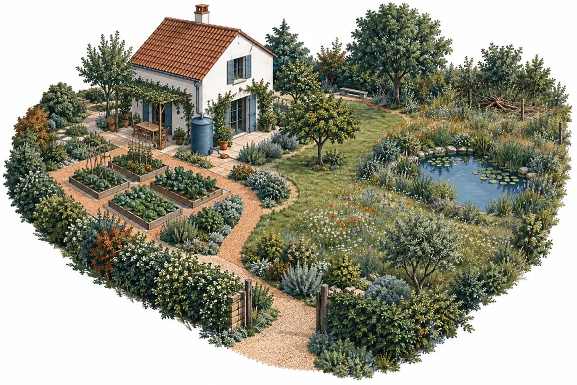 Aménager un jardin écoresponsable pour une maison de campagne avec potager, haie champêtre, prairie et récupérateur d’eau